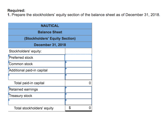 Required: 1. Prepare the stockholders equity section of the balance sheet as of December 31, 2018 NAUTICAL Balance Sheet (St