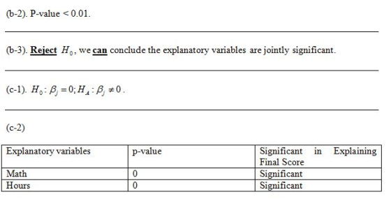 (b-2). P-value < 0.01. (b-3). Reject Ho, we can conclude the explanatory variables are jointly significant. (c-2) Explanatory
