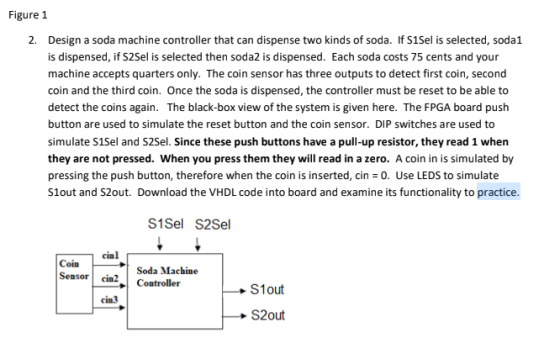 Figure 1 Design a soda machine controller that can dispense two kinds of soda. If S1 Sel is selected, soda1 2. is dispensed,