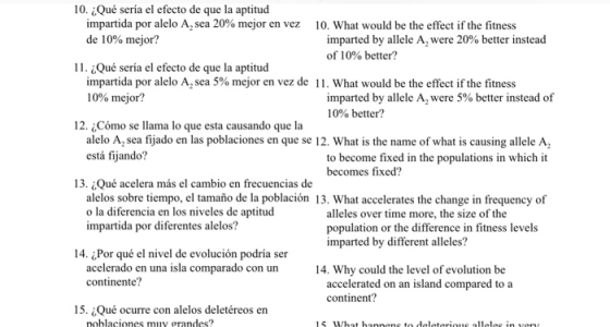 10. ¿Qué sería el efecto de que la aptitud impartida por alelo A, sea 20% mejor en vez de 10% mejor? 10. What would be the ef