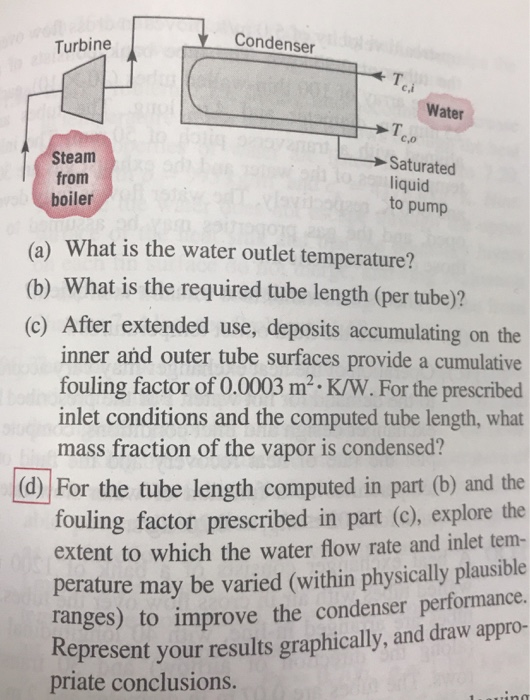 Condenser Turbine Water C,0 Steam from boiler Saturated liquid to pump (a) What is the water outlet temperature? (b) What is
