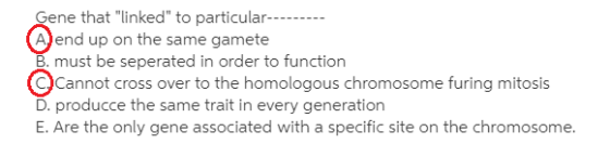 Gene that linked to particular-- A)end up on the same gamete B. must be seperated in order to function Cannot cross over to