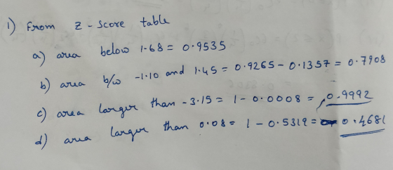 ) From z Score tabla a) aua beloo I-68-0.9535 b aruo nd S 9265- 0.135 70s than - 3.15 o oo o 8992 darus J)