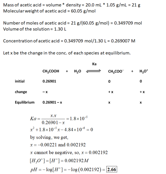 Mass of acetic acid = volume * density = 20.0 mL * 1.05 g/mL 21 g Molecula r weight of acetic acid = 60.05 g/mol Number of mo