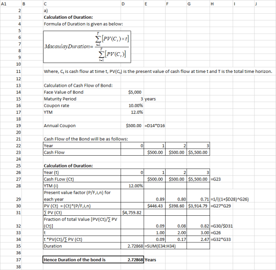 Calculation of Duration: Formula of Duration is given as below: Macau layDurati on PV(C.) 10 Where, Ct is cash flow at time t