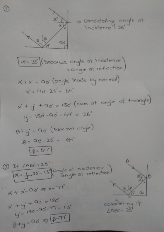 26 oK incidence26 or- 26 becaruse angle ot incidence = angle ot rellechon A+x-as (angle mode by normal) x-266+ tu. = 90 (