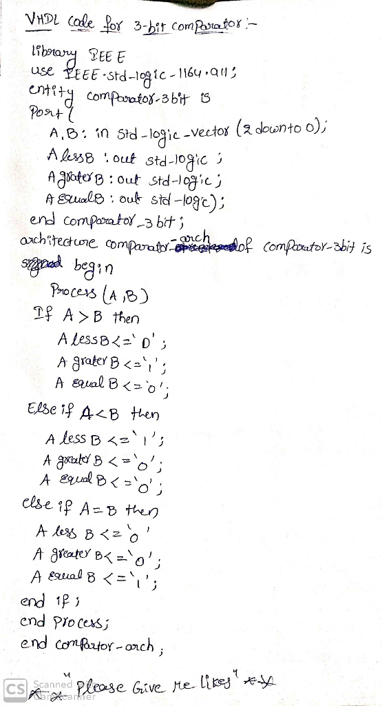 VHDL Cale oy 3-hit ComPctor.- use EEE Std-1aic C Compato-3bit Port A,B in Std-logic-Vectos (2 downto o) A lersBout std-loic A
