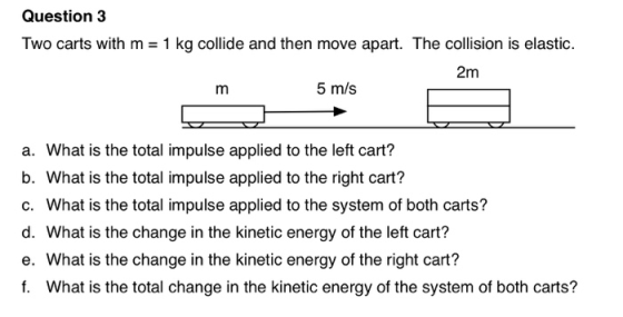 Question 3 Two carts with m 1 kg collide and then move apart. The collision is elastic 2m 5 m/s a. What is the total impulse