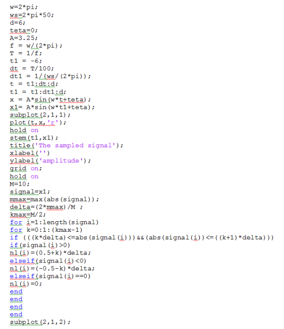 w-2*pi; WS 2*pi*50; d 6; teta0: A 3.25,; T = 1/f; dt -T/100; dtl 1(ws/ (2*pi)); x1A*sin (w*t1+teta); subplot (2,1,1); hold or