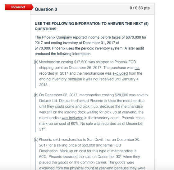 Incorrect 0/0.83 pts Question 3 USE THE FOLLOWING INFORMATION TO ANSWER THE NEXT (5) QUESTIONS: The Phoenix Company reported