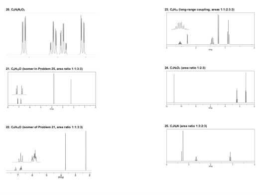 20. CeHN2O2 23. CeH1o (long-range coupling, areas 1:1:2:3:3) 24. CaHeO2 (area ratio 1:2:3) 21. CaHiO (isomer Problem 25, area