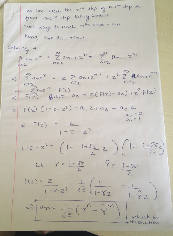 n-th n step step by nth We can Puach th 2stairs from m-2h s+p taking Total ways to reach nth steps Hna am-am- +am-2 Solving a