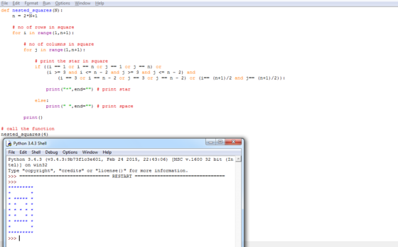 Eile Edit Format Run Options Window def nested squares (N) 2*N+1 n = # no of rows in 3quare for i in range (i,n+1): # no of c