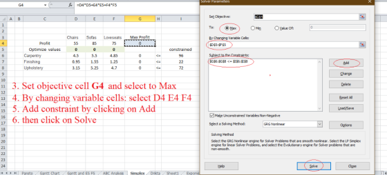 Solver Parameters Set Objective: ChairsSofasLoveseats Max Profit ariable Cells: 75 Profit Optimize values constrained 5.5 4.8