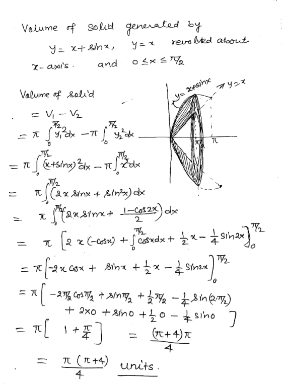Volume f Soli generatad bt reuo lved aloout Yニ X+rnx o x and - axis AY2X Valume of &alid = Vi-V +sin) inx)cx Cos2x) olx 2 Si