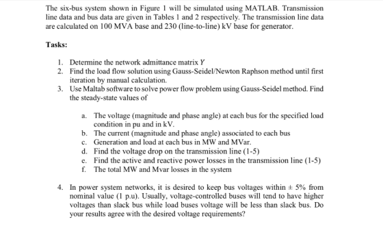 The six-bus system shown in Figure 1 will be simulated using MATLAB. Transmission line data and bus data are given in Tables
