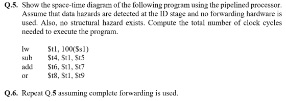 Q.5. Show the space-time diagram of the following program using the pipelined processor. Assume that data hazards are detecte