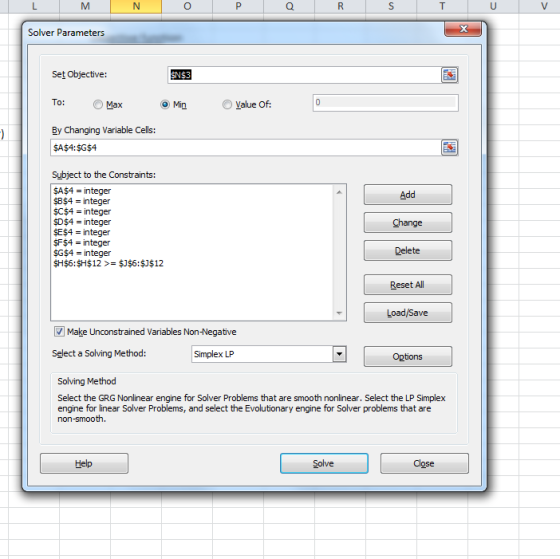 Solver Parameters Set Objective: Max O Min Value Of By Changing Variable Cells: SA$4:$G$4 Subject to the Constraints: SAS4 in