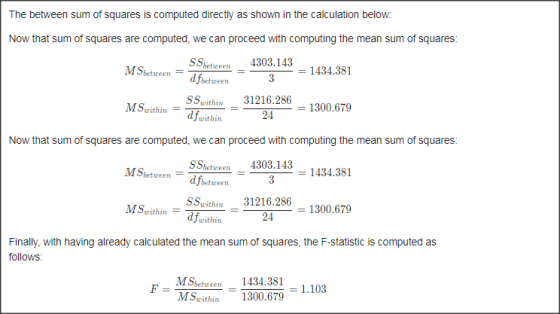 The between sum of squares is computed directly as shown in the calculation below: Now that sum of squares are computed, we c
