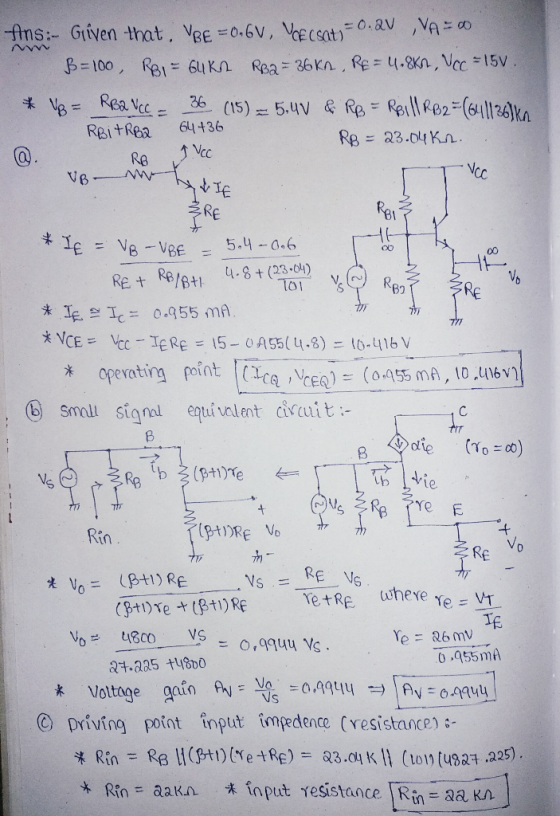 ,VA ItE Csat)-o.av o -fins:_ Given that, VBE=06V, Rei tRa 64436 Te 5.406 o0 7IT ⓑ small signi equiv let civcuit:- te Re Vo Re