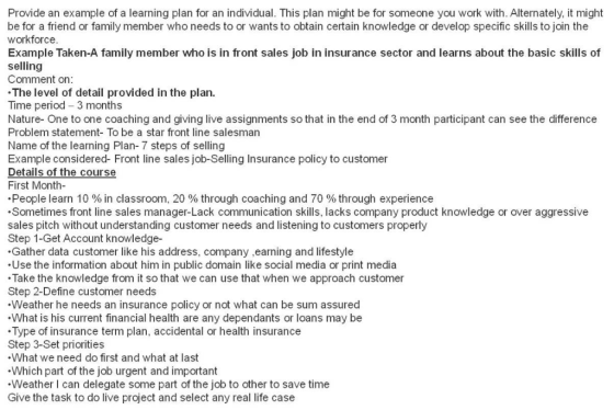Provide an example of a learning plan for an individual. This plan might be for someone you work with. Alternately, it might