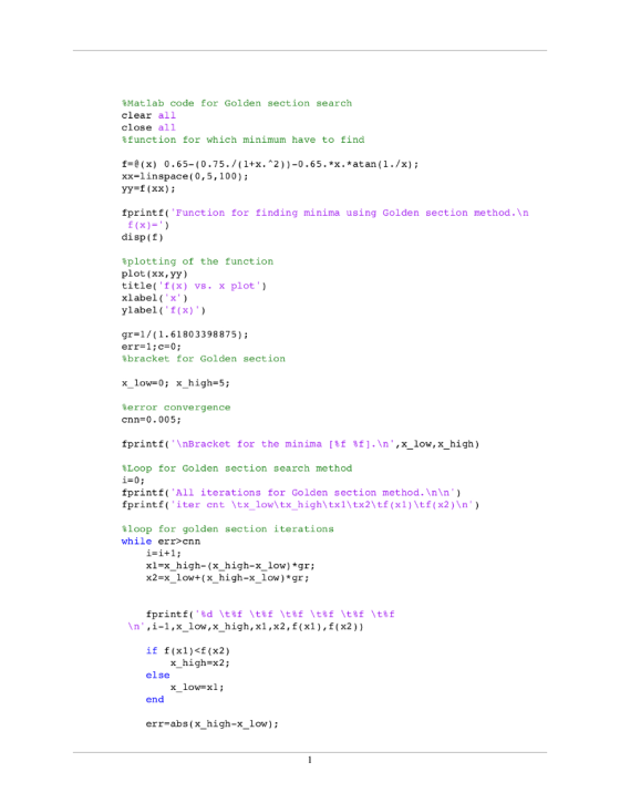 Matlab code for Golden section search clear all close all %function for which minimum have to find f-ê(x) 0.65-(0.75./(1+x.2)