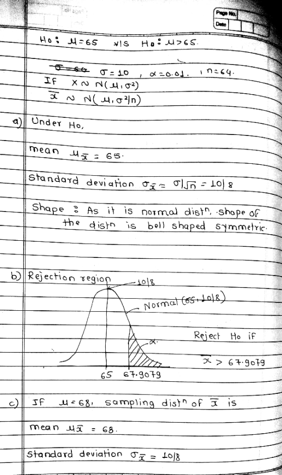 Date n64 al Under Ho, mean u^ - 65 Standard deviation ơíJn:LO) 8 Sh the dish is bell shaped 5 mmehic b Rejection segio Norma