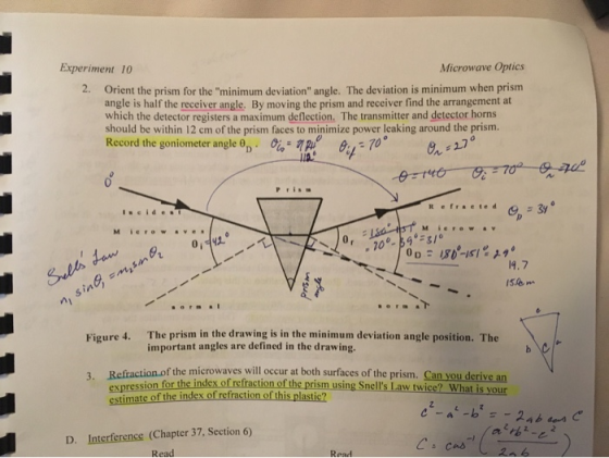 Experiment 10 Microwave Optics 2. Orient the prism for the minimum deviation angle. The deviation is minimum when prism ang