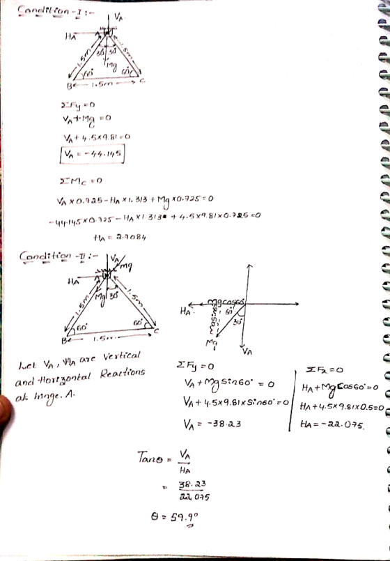ˇ卜 (o 2* r 6) Mo VA 2j -o and lortzontal Reactions ak hinge. A 工反-o НА ,. 38. 23 59.9°