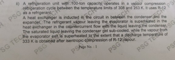 ii) A refrigeration unit with 100-ton capacity operates in a vapour compression O refrigeration cycle between the temperature