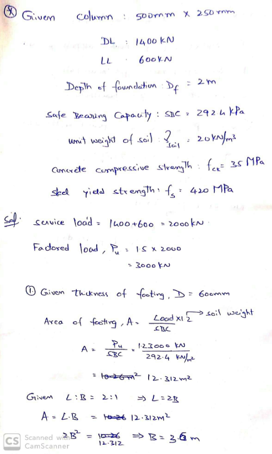 Given Column S0Drn m DL 400 KN 600KN LL : 2 m Deph offoundatiun D 29 2 KPa Safe Beaing Capauty SIC 20 km unit weigh of soi) 3