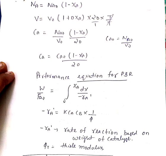 NA Nan (-Xa) V Vo 0 XA) XRdx Na 1-Xa) CA CAD (1 XA) Pa Ytomane eqvation for PBR XA dx - YA Yate of Yla tion baedl on weigt ot