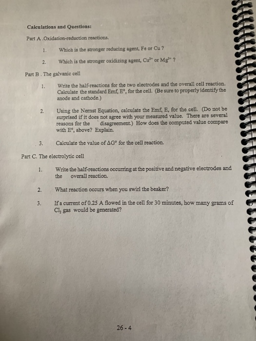 Calculations and Questions: Part A. Oxidation-reduction reactions. 1. Which is the stronger reducing agent, Fe or Cu ? 2. Whi
