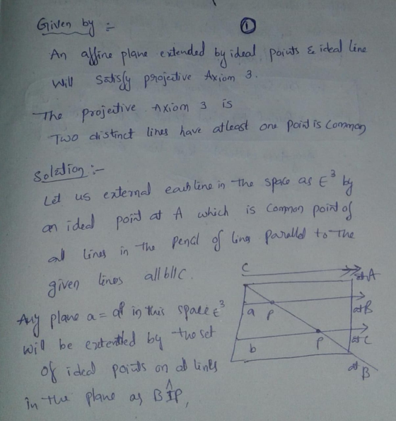 Given by An Wino plane edendad ba idol Poi吋s & ideal line The projedhve nxiom 3 Two distinct linug have atleast on, Poid is