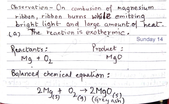 Ohservatien-On combusien of magnesium ribbon, ribbon burns whil emitbinq 141-The-react, on is exothermic . bright light and l
