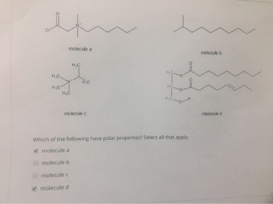 molecule a molecule b H-C H.C H.C H,C H,C HC mo lecule c molecule d Which of the following have polar properties? Select all