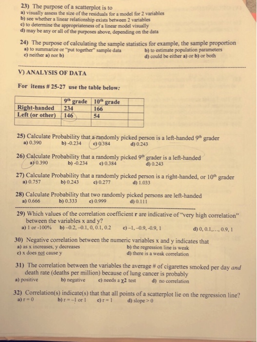 23) The purpose of a scatterplot is to a) visually assess the size of the residuals for a model for 2 variables b) see whethe