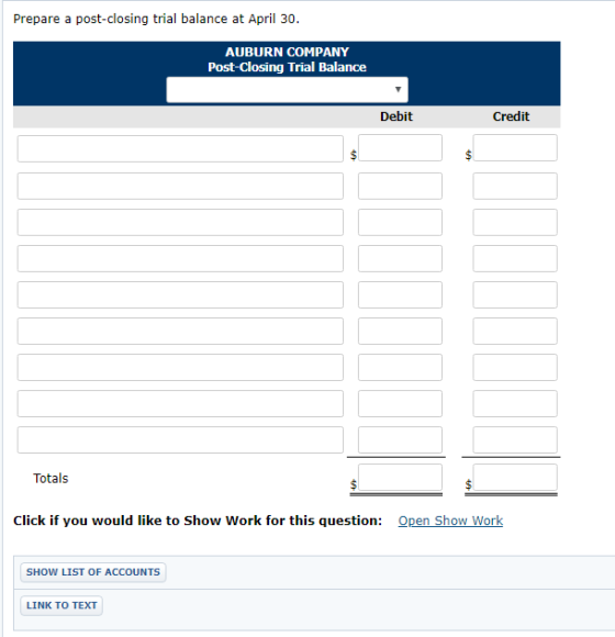 Prepare a post-closing trial balance at April 30 AUBURN COMPANY Post-Closing Trial Balance Debit Credit Totals click if you w