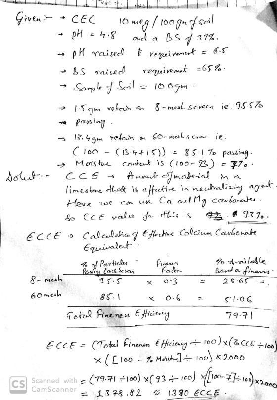 Given CEC neg/o0gfc 4.8 and BS 37% a 6.S pH raised reguivemet BS Taised requimt65% Sample Seril & - mesl scvecn ie. ISS% pani