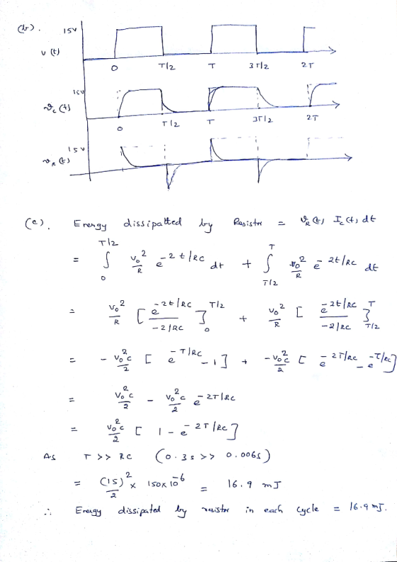 Cr ISV v(t 2T 3 T2 T2 2.T Rasistr ry dissipatted Erengy T2 2 2 dt T ^2RC Tl2 2 2 e R TI2 -21RC R - 2 RC C 2 TRc -Te - TIRC 2