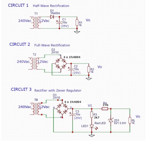 Half-Wave Rectification CIRCUIT 1 D1 1N4004 T1 Vo C1 240Vac,非12Vac R1 1k (25V) CIRCUIT 2 Full-Wave Rectification D2 2W10 T2 4