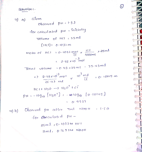 Soluti CVen 니 obsered PH3 3 for calcl ated pti - initially Volume of HC 25 m 1000mし -Tota , volumeこO. Ч3425ml: 25-113m ニD.IOK