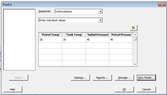 Predict Response: Hydrocarbons Enter individual values Petrol Temp Tank Temp Initial Pressure Petrol Pressur 28 30 45 40 Resu