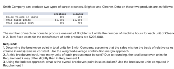 Smith Company can produce two types of carpet cleaners, Brighter and Cleaner. Data on these two products are as follows: Brig