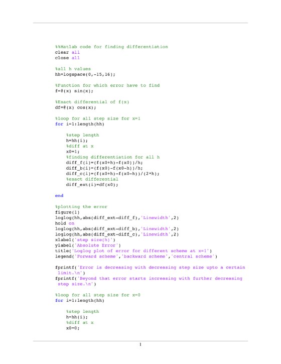 Matlab code for finding differentiation clear all close all all h values hh-log space( 0,-15, 16 ) ; %Function for which erro