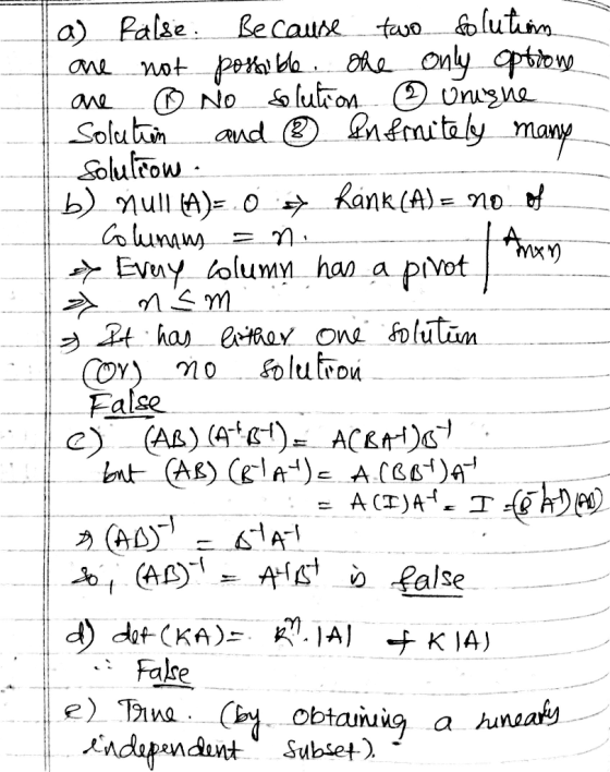 lutio Re cause tauo. Palse a) not peta h_Only optow No lulroA Unugne aud nataly may Solutin Solultow b)ull A)=o hank(A)= AD l