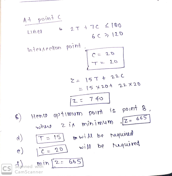 A point C 180 2 T Lines 6 C 120 Internecton point 20 22 C 15 T 22 X 20 7 40 point B Henco optimym Poir is minimum 2 in whu wi