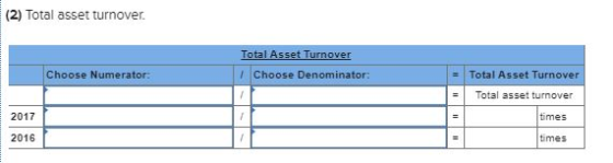 (2) Total asset turnover. Total Asset Turnover - Total Asset Turnover I Choose Denominator: Choose Numerator Total asset turn