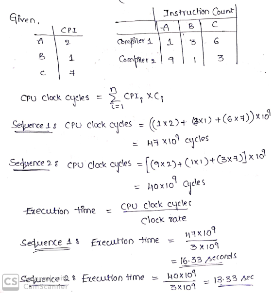 Given Instruchon Count ABC CPI 2 Comfier 2 3 CPU clock cycles CP Sequence i: CPU clock cycles 눈(1x2)十3%)-C 느 H,,109 cycles Ex