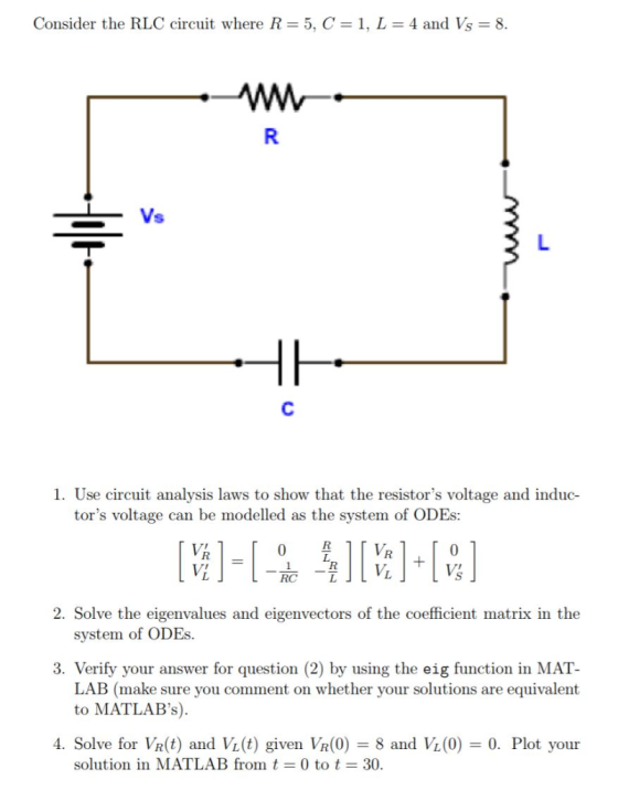 Consider the RLC circuit where R = 5, C = 1, L = 4 and Vs = 8. 1. Use circuit analysis laws to show that the resistors volta